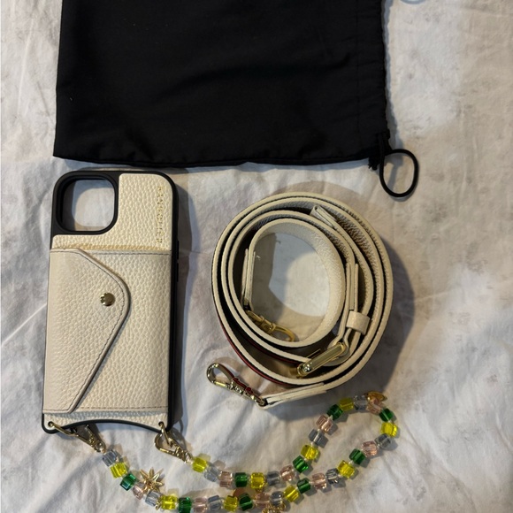 Bandolier 15 Cream Leather Crossbody Phone Case with Beaded Strap